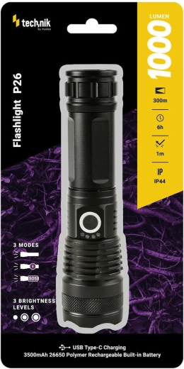 Зареждаемо фенерче Technik MT-P26 с USB‑C, зум и функции SOS/стробоскоп