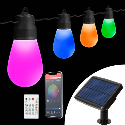 Соларен светещ гирлянд с 15 RGBIC LED крушки, 6,5 м, Bluetooth