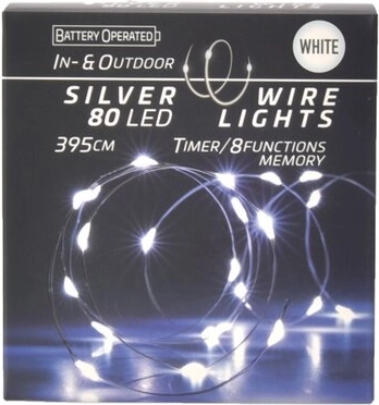 LED wire string lights with timer, 80 LEDs, white (in/out)