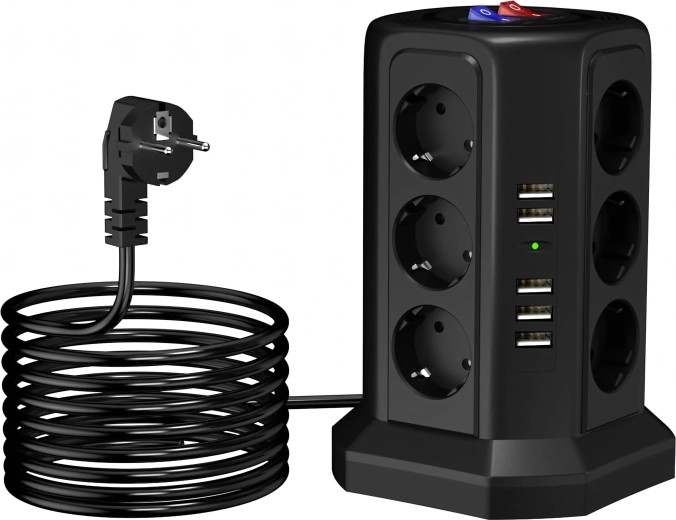 Вертикален разклонител със защита от пренапрежение, 12 контакта + 5 USB с reset