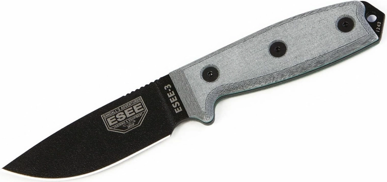 Universal tactical knife ESEE 3P, black blade, gray Micarta, Coyote Tan sheath