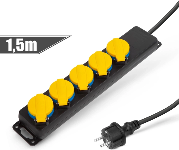 Outdoor extension lead with cover, 1.5 m, 5 × 230 V, IP44
