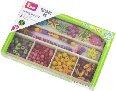 Colorful wooden beads and floral shapes