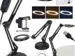 Desktop LED lamp with magnifier and adjustable arm, 2 mounting options