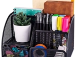 Metal desk organizer with 6 compartments and a drawer, black