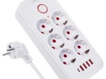 Разклонител с защита от пренапрежение с 6 контакта и 5× USB (4× USB‑A, 1× USB‑C), 2500 W, бял