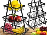 Three-tier metal fruit basket with wooden handle, black
