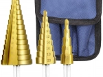 Set of stepped cone drill bits, 3 pcs with case