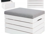 Wooden ottoman with storage box and upholstered seat, white/grey